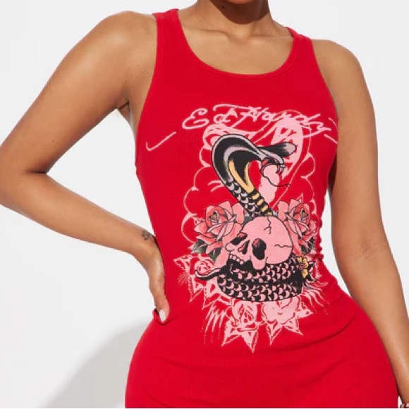 •Venom Kiss• Red Ribbed Graphic Tank Dress – by Ed Hardy - Picture 4 of 5